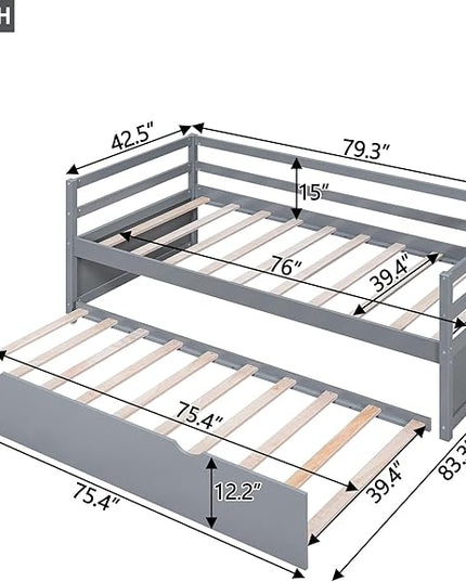 Twin Size Daybed with 2 Trundle,Multifunction Solid Wood Bed Frame,W/Wooden Slat Support,No Box Spring Needed,for Bedroom Apartment,Guest room,Gray - LeafyLoom