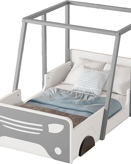 Toddler Twin Size Car Bed with Roof & Door,Wooden Car-Shaped Floor Bedframe W/Safety Guardrail,Racecar Design,Easy Assembly,Montessori Inspired Bedroom Furniture for Boys Kids Teens,Grey - LeafyLoom