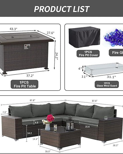 Kullavik 7 PCS Outdoor Patio Furniture Set with 43" 55000BTU Gas Propane Fire Pit Table PE Wicker Rattan Sectional Sofa Patio Conversation Sets for Outdoor,Grey - LeafyLoom