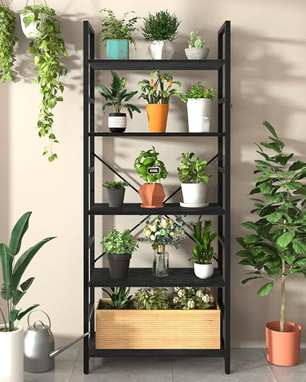 Yoobure 5 Tier Bookshelf - Tall Book Shelf Modern Bookcase for CDs/Movies/Books, Rustic Book Case Industrial Bookshelves Book Storage Organizer for Bedroom Home Office Living Room Black - LeafyLoom
