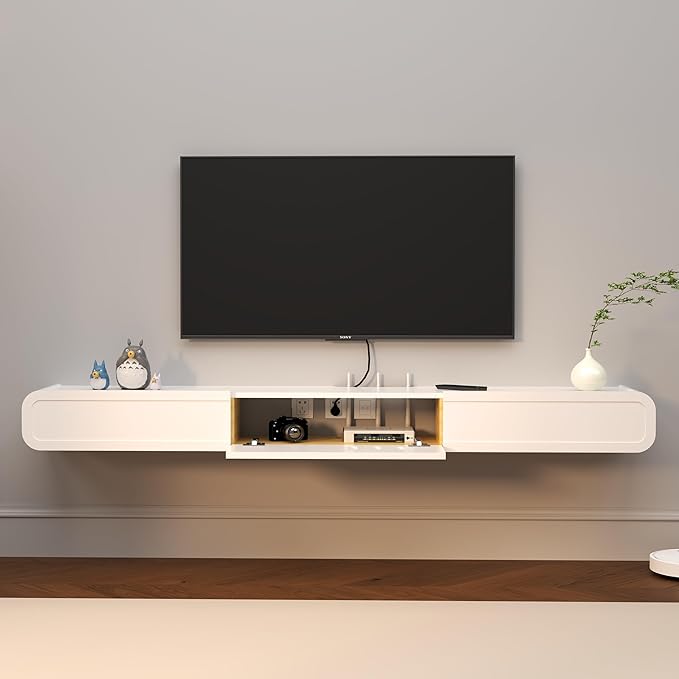 Floating TV Stand in Solid Wood, 71'' High Gloss Wall Mounted TV Cabinet, Floating TV Shelves with Door & Drawers, Modern Entertainment Media Console Center Large Storage Under TV - LeafyLoom