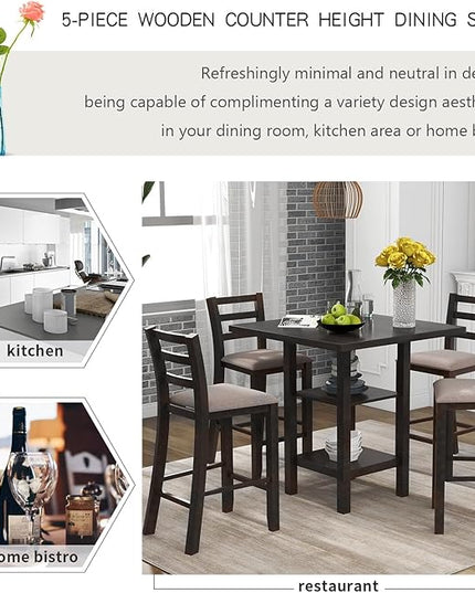 5-Piece Counter Height Dining Set, includes 1 Solid Wood Table with Storage Shelving and 4 Padded Chairs, for Kitchen, Diningroom, Living Room, Easy to Assemble, Espresso - LeafyLoom