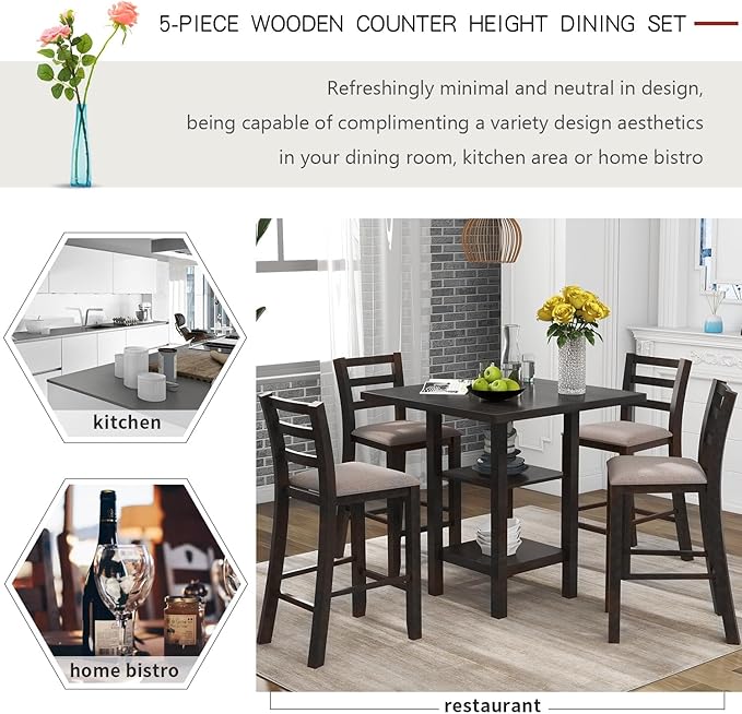 5-Piece Counter Height Dining Set, includes 1 Solid Wood Table with Storage Shelving and 4 Padded Chairs, for Kitchen, Diningroom, Living Room, Easy to Assemble, Espresso - LeafyLoom