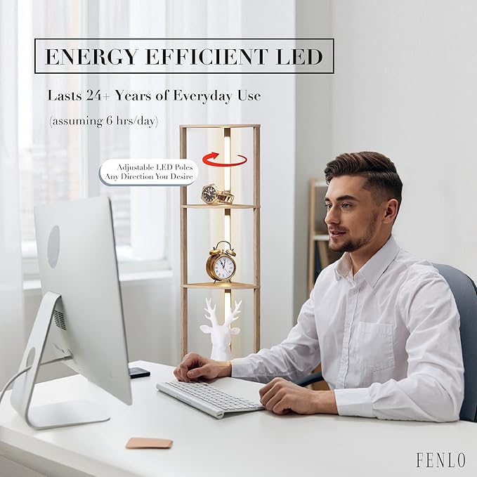 FENLO Fancy - LED Display Shelf with Dimmable Lights, LED Shelf Floor Lamps for Living Room, Sturdy Corner Shelf Curio Cabinet Display, Tall Floor Lamps with Shelves - LeafyLoom
