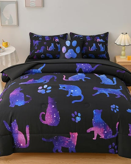 DORCAS Full Size Comforter Sets with Sheets for Girls Kids Cute Cat Full Size Bedding Sets 6 Pieces Bed-in-A-Bag for Girls Teens Kids - LeafyLoom