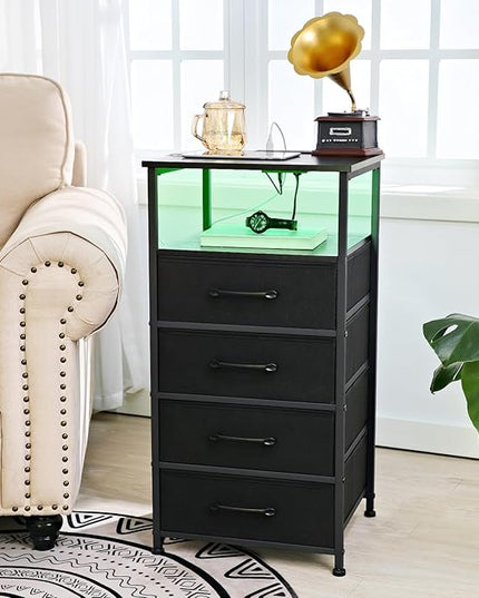 Nightstands Set of 2, Large End Tables Living Room, Bed Side Tables with Charging Station, 30" Tall Night Stand with 4 Fabric Drawers and LED Light Strip for Bedroom FBAHNS014BK - LeafyLoom