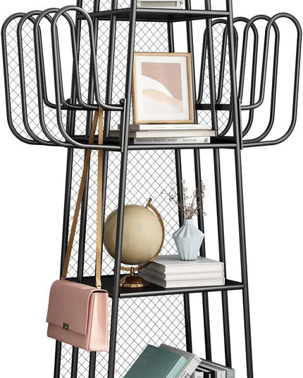 DOORXIF 4-Tier Industrial Bookshelf Freestanding, Cactus Bookcase Storage Organizer Closet Corner Metal Display Cabinet, Corner Black Bookshelf for Small Spaces, Industrial Bookcase for Bedroom Office - LeafyLoom