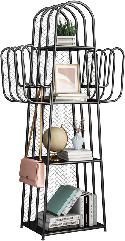 DOORXIF 4-Tier Industrial Bookshelf Freestanding, Cactus Bookcase Storage Organizer Closet Corner Metal Display Cabinet, Corner Black Bookshelf for Small Spaces, Industrial Bookcase for Bedroom Office - LeafyLoom