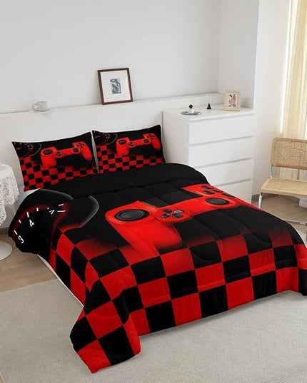 Erosebridal Gamer Bedding Sets for Boys，Gaming Comforter Sets King for Kids Teen Boys Gamer Room Decor,Video Game Gamepad Duvet Insert,Plaid Check Grid Artwork Down Comforter 3pcs,Black Red - LeafyLoom