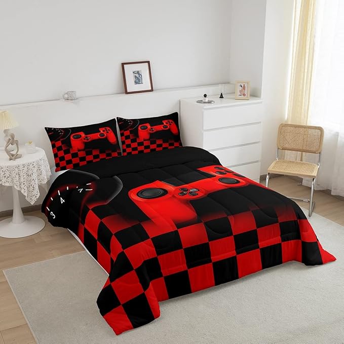 Erosebridal Gamer Bedding Sets for Boys，Gaming Comforter Sets King for Kids Teen Boys Gamer Room Decor,Video Game Gamepad Duvet Insert,Plaid Check Grid Artwork Down Comforter 3pcs,Black Red - LeafyLoom