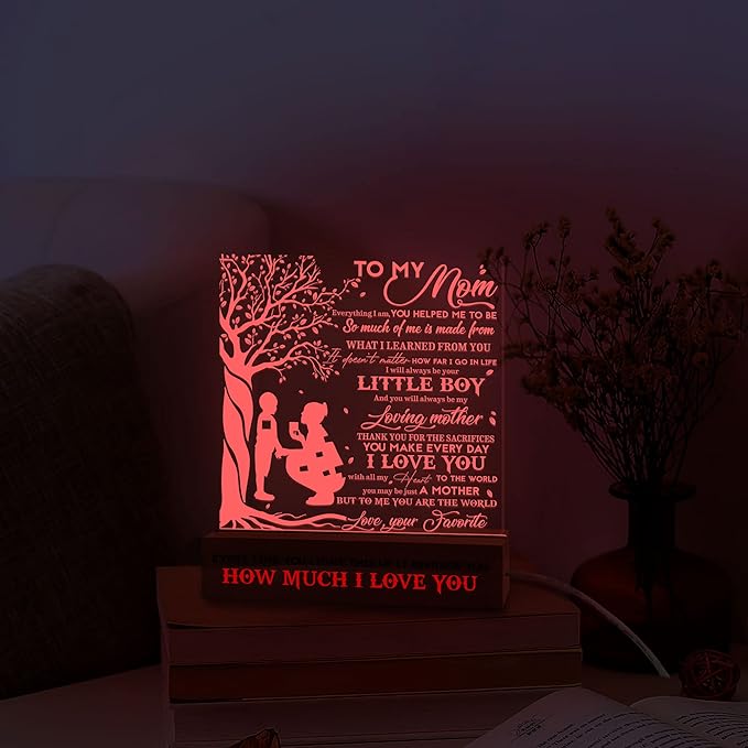 to my Mom 3D Illusion Lamp w/Wooden Base USB Powered, Mom Acrylic Night Light, Gift from Daughter, Bonus Mom Stepmom Gift, Lamp Present for Mom Mother, Gift for Birthday Mothers Day - LeafyLoom