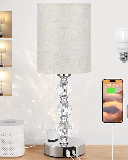 White Touch Bedside Lamps for Bedrooms - Crystal Table Lamp with USB C+A Charging Port and AC Outlet Nightstand, 3 Way Dimmable Silver Small End Side Table Lamp for Living/Guest/Dinning Room/Kitchen - LeafyLoom