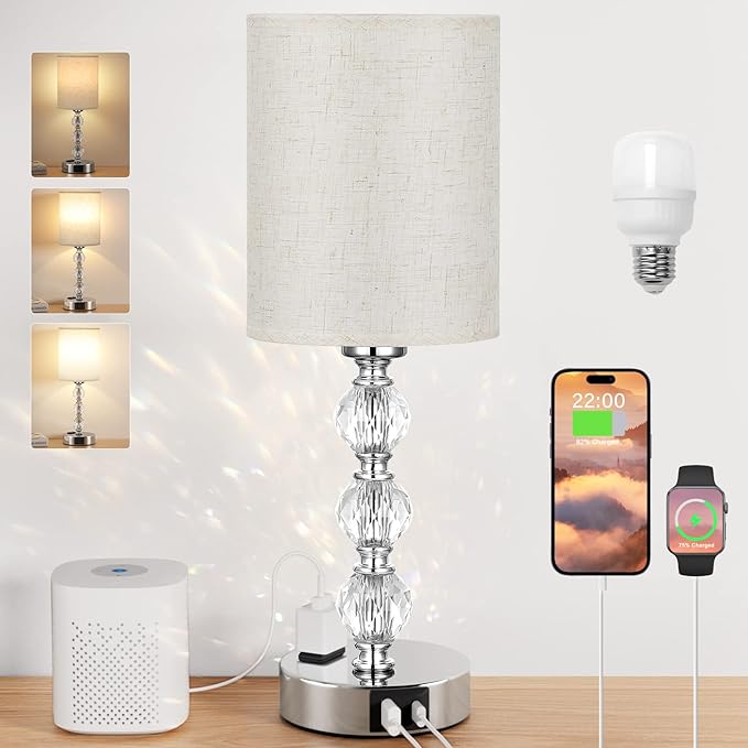 White Touch Bedside Lamps for Bedrooms - Crystal Table Lamp with USB C+A Charging Port and AC Outlet Nightstand, 3 Way Dimmable Silver Small End Side Table Lamp for Living/Guest/Dinning Room/Kitchen - LeafyLoom