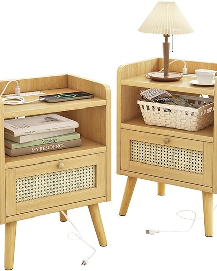 Fixwal Nightstands Set of 2 with Charging Staion, Night Stand with Rattan Decor Drawer, Open Storage Side Table Bedside Table with Solid Wood Feet for Bedroom, Natural - LeafyLoom