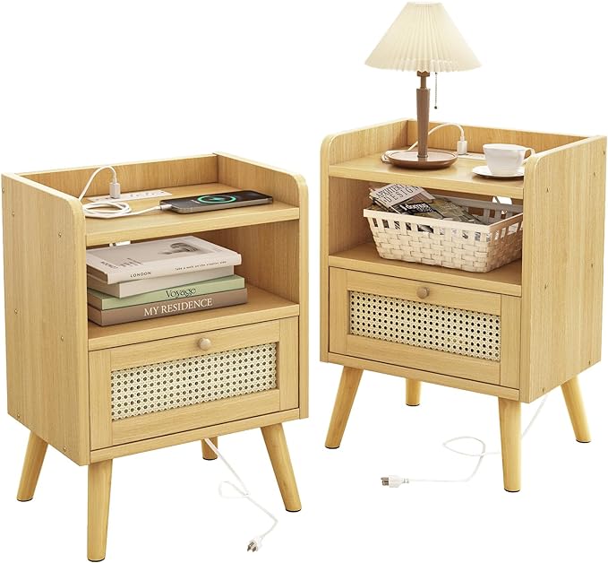 Fixwal Nightstands Set of 2 with Charging Staion, Night Stand with Rattan Decor Drawer, Open Storage Side Table Bedside Table with Solid Wood Feet for Bedroom, Natural - LeafyLoom