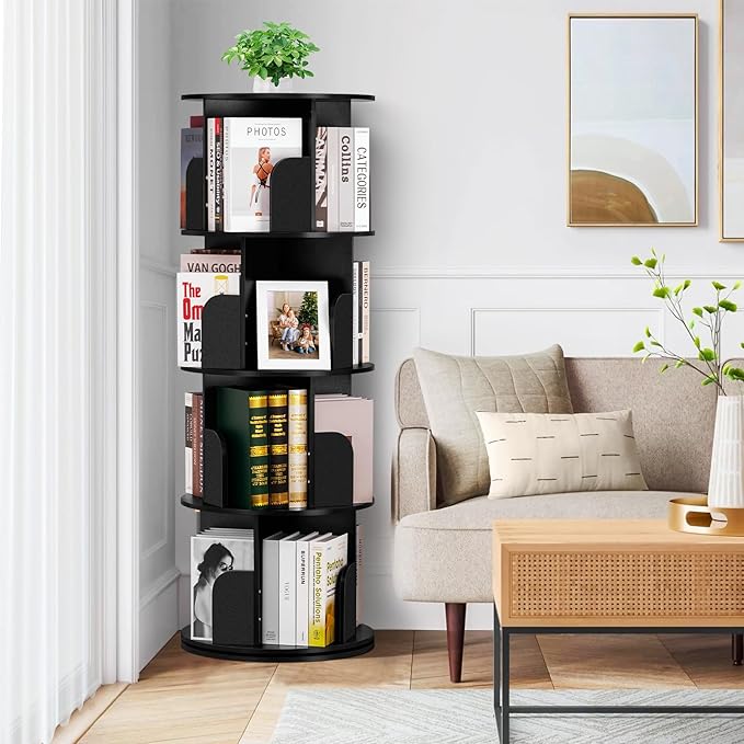 4 Tier Rotating Bookshelf kids, Small Corner Bookshelf for Small Space, 360 Display Floor Standing Bookcase Storage Rack, Wood Narrow Book Shelf Organizer for Home Office,Bedroom, Living Room - LeafyLoom