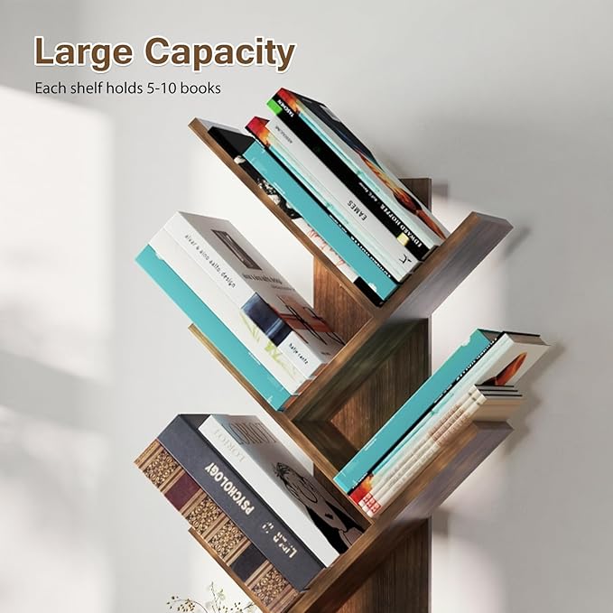Ochine Tree Bookshelf, 5 Tier Small Bookcase with Large Drawer, Tall Wood Narrow Bookshelves Organizer for CDs/Movies/Books, Floor Standing Book Shelf for Bedroom, Living Room, Home Office - LeafyLoom