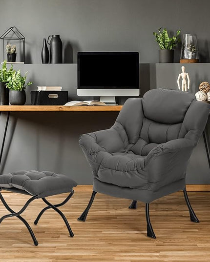 AcozyHom Modern Fabric Lazy Chair and Folding Footrest Stool Set, Accent Comfy Lounge Arm Chair and Ottoman, Leisure Sofa Reading Chair and Metal Cotton Footstool for Living room, Bedroom, Dark Grey - LeafyLoom