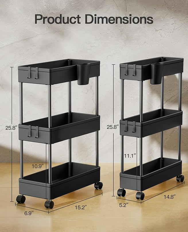 Pipishell Bathroom Cart, 2 Pack Slim Storage Cart Bathroom Organizer with Hanging Cups & Hooks, Bathroom Storage Rolling Cart for Bathroom, Laundry Room, Kitchen, Set of 2, PIUC07BK2 - LeafyLoom