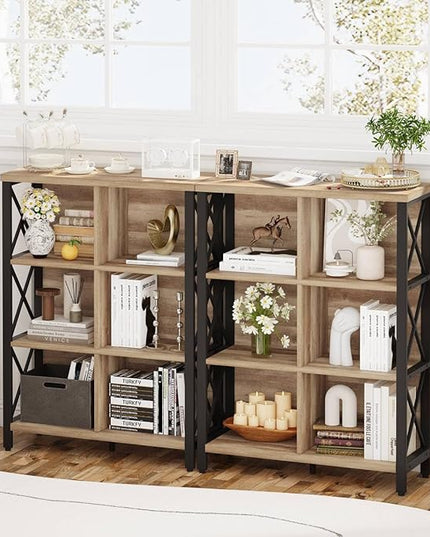 FATORRI Rustic 6 Cube Storage Organizer Shelf, Wood and Metal Cubby Bookcase, Industrial 4 Tier Cube Bookshelf (Rustic Oak) - LeafyLoom