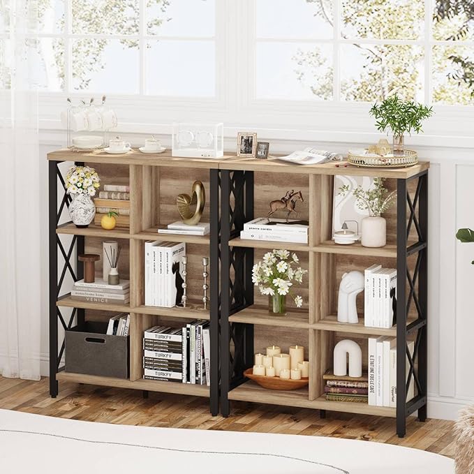 FATORRI Rustic 6 Cube Storage Organizer Shelf, Wood and Metal Cubby Bookcase, Industrial 4 Tier Cube Bookshelf (Rustic Oak) - LeafyLoom