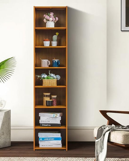 MoNiBloom Bamboo 7 Tier Free Standing Tall Bookcase Narrow Display Storage Shelves Collection Décor Furniture for Home Living Room Study Room, Brown - LeafyLoom