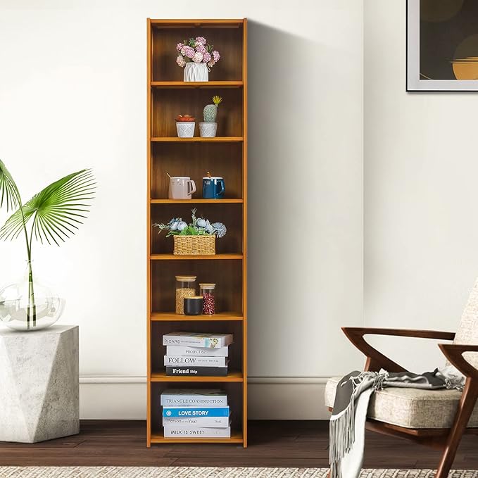 MoNiBloom Bamboo 7 Tier Free Standing Tall Bookcase Narrow Display Storage Shelves Collection Décor Furniture for Home Living Room Study Room, Brown - LeafyLoom