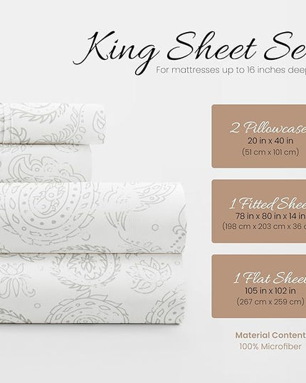 Linen Market 4 Piece King Sheet Set (Light Gray Floral) - Sleep Better Than Ever with These Ultra-Soft & Cooling Bed Sheets for Your King Size Bed - Deep Pocket Fits 16" Mattress - LeafyLoom