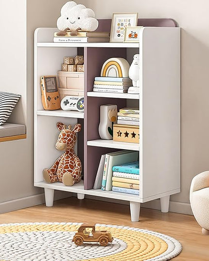 Wooden Cube Bookcase with Legs - 3-Tier Open Shelf Kidsroom Sorted Storage Cabinet Organizer for Books and Toys, 5-Cube Lattice Cute Cubby Bookshelf in White Mixed Mocha Brown, 24" W - LeafyLoom