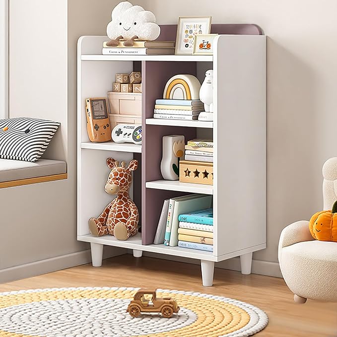 Wooden Cube Bookcase with Legs - 3-Tier Open Shelf Kidsroom Sorted Storage Cabinet Organizer for Books and Toys, 5-Cube Lattice Cute Cubby Bookshelf in White Mixed Mocha Brown, 24" W - LeafyLoom