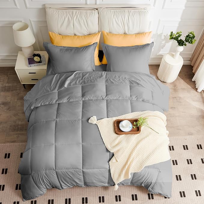 Full Size Comforter Set - 3 Pieces, 1 Reversible Comforter and 2 Pillowcases,Soft Quilted Warm Fluffy Cooling Bedding for All Season,Grey - LeafyLoom