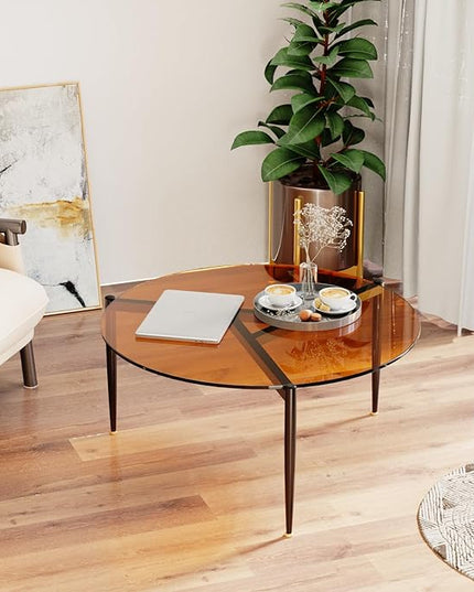 Round Tempered Glass Table: 31.5 inch Large Circle Top Storage Shelf with Metal Frame, Modern Coffee Table Center Desk Luxury Furniture for Living Room, Brown - LeafyLoom