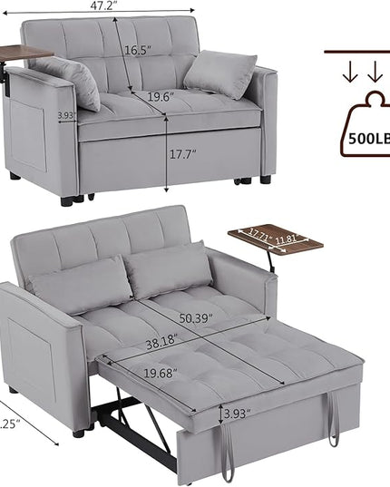 3 in 1 Loveseat Velvet Convertible Chair with 2 Pockets & 2 Pillows for Living Room, Grey - LeafyLoom