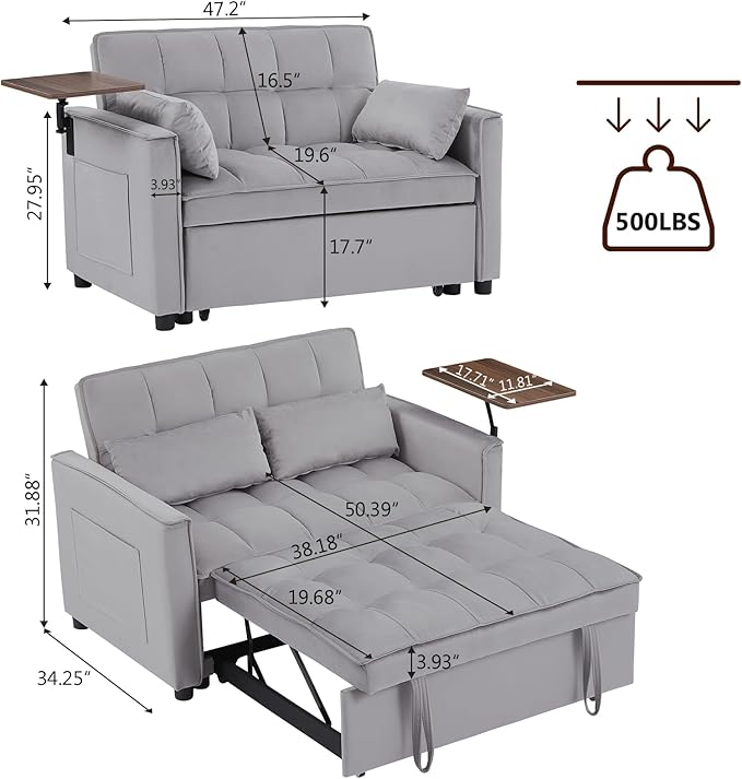 3 in 1 Loveseat Velvet Convertible Chair with 2 Pockets & 2 Pillows for Living Room, Grey - LeafyLoom