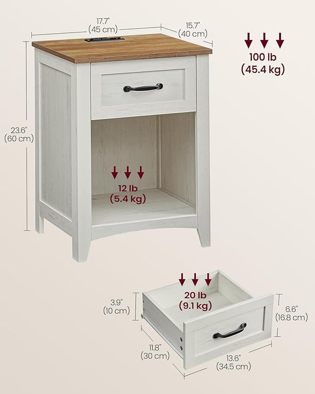 VASAGLE Farmhouse Nightstand with Charging Station, Bedside Table with Drawer, Open Compartment, Side Table with Storage, for Bedroom, Rustic White and Honey Brown ULET659K41 - LeafyLoom