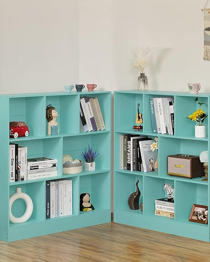 LEYAOYAO 8 Cube Bookshelf with Base,3 Tier Modern Mint-Green Kids Bookcase,Standing Wide Bookshelves Storage Organizer Toy Shelf,Wood Display Children's Book Shelves for Bedroom,Living Room,Nursery - LeafyLoom