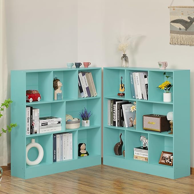 LEYAOYAO 8 Cube Bookshelf with Base,3 Tier Modern Mint-Green Kids Bookcase,Standing Wide Bookshelves Storage Organizer Toy Shelf,Wood Display Children's Book Shelves for Bedroom,Living Room,Nursery - LeafyLoom