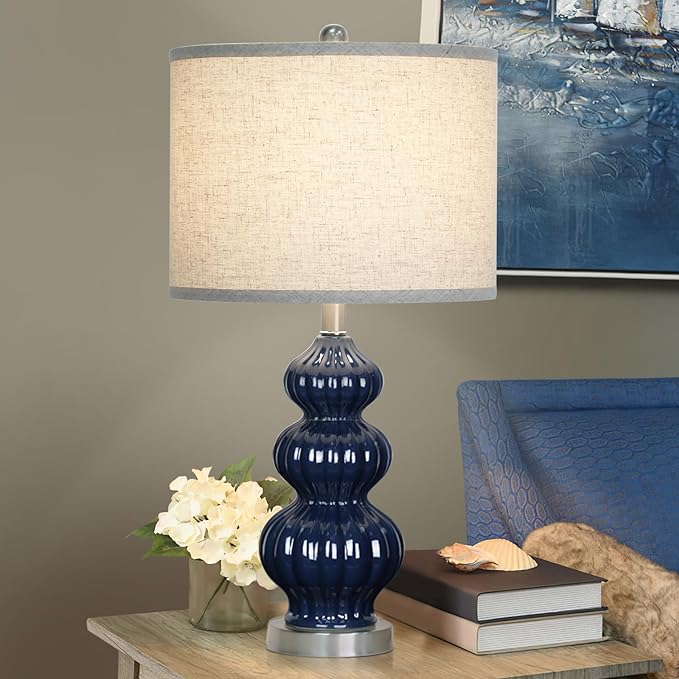 25" Ceramic Table Lamp Navy Blue Triple Gourd Ceramic Lamp Table Lamp Modern Lamp for Bedroom Living Room, 3-Way Dimmable Bulb Included (Blue) - LeafyLoom
