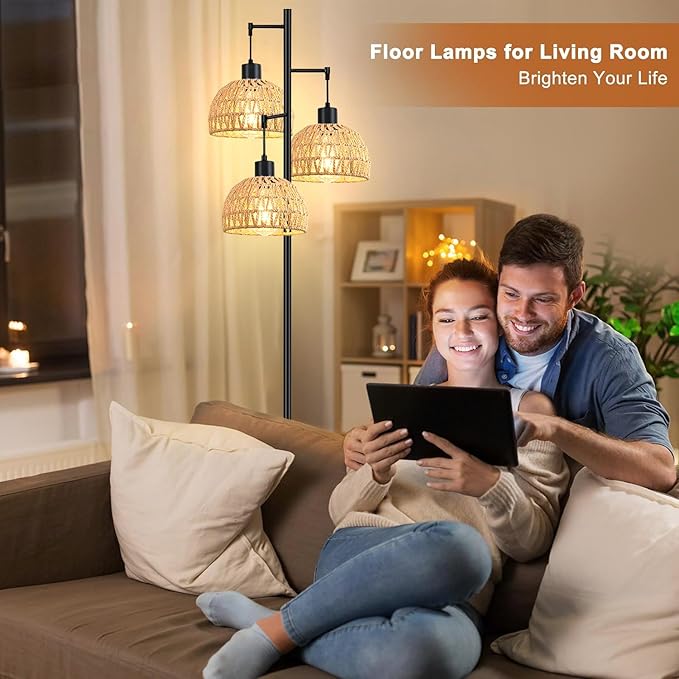 Tree 3-Lights Floor Lamp for Living Room,Bedroom,Rattan Boho Floor Lights,Industrial Black Farmhouse Standing Lamp Wicker Rustic Adjustable Tall Lamp,Woven Bamboo LampShade Floor Lamps Bohemian - LeafyLoom