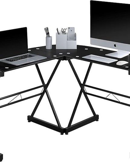 Techni Mobili RTA-3805L-BK L-Shaped Glass Computer Desk, Black, 51" D x 51" W x 29" H - LeafyLoom