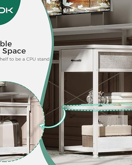 AODK Computer Desk with Keyboard Tray, 55 Inch Office Desk with Power Outlet, Work Desk with Drawer, Reversible Desk with Adjustable Monitor Shelf and Storage Shelf for Home, White - LeafyLoom
