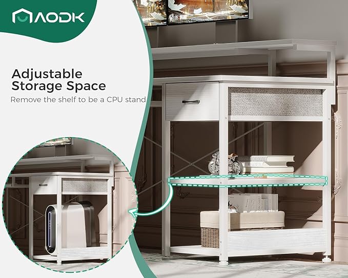 AODK Computer Desk with Keyboard Tray, 55 Inch Office Desk with Power Outlet, Work Desk with Drawer, Reversible Desk with Adjustable Monitor Shelf and Storage Shelf for Home, White - LeafyLoom