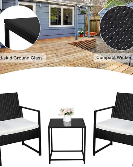 Outvita 3PCS Rattan Conversation Set, Outdoor Wicker Furniture Bistro Set 2 Chairs and Glass Top Table for Small Balcony Backyard Patio(Black) - LeafyLoom