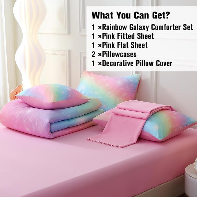 JQinHome Glitter Bedding Set Twin Size,6 Piece Bed in A Bag 3D Colorful Rainbow Galaxy Comforter Set for Girls Kids-All Season Microfiber Tie-Dye Bedding Sets(Rainbow) - LeafyLoom
