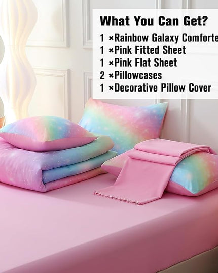 JQinHome Glitter Bedding Set Full Size,6 Piece Bed in A Bag 3D Colorful Rainbow Galaxy Comforter Set for Girls Kids-All Season Microfiber Tie-Dye Bedding Sets(Rainbow) - LeafyLoom