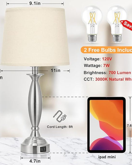 Beige Lamps for Bedrooms Set of 2 - Touch Control Bedside Lamp with USB C+A, 3 Way Dimmable Nightstand Lamps with USB Port, Table Lamp for Living Room(Beige Shade and Nickel Base) - LeafyLoom