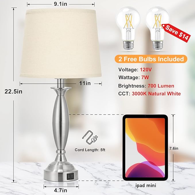 Beige Lamps for Bedrooms Set of 2 - Touch Control Bedside Lamp with USB C+A, 3 Way Dimmable Nightstand Lamps with USB Port, Table Lamp for Living Room(Beige Shade and Nickel Base) - LeafyLoom