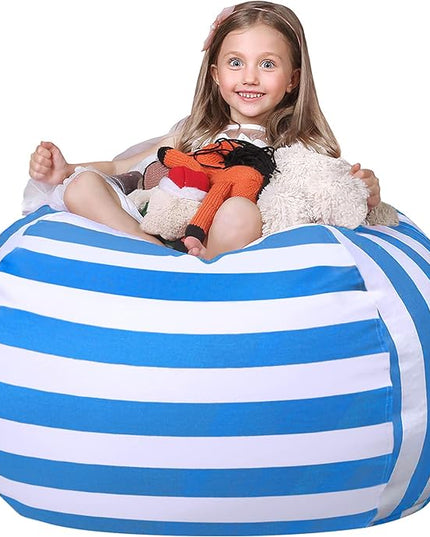 Wekapo Stuffed Animal Storage Bean Bag Chair Cover for Kids | Stuffable Zipper Beanbag for Organizing Children Plush Toys Large Premium Cotton Canvas (Blue, XX-Large) - LeafyLoom