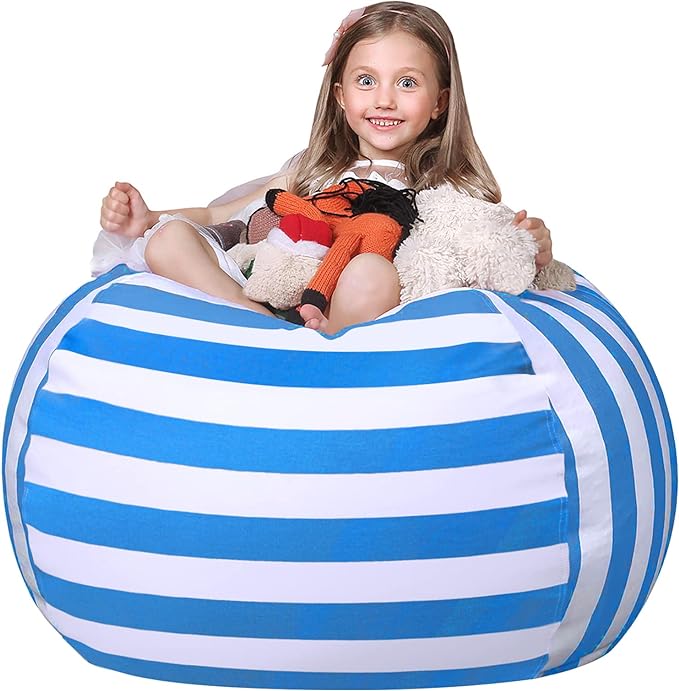 Wekapo Stuffed Animal Storage Bean Bag Chair Cover for Kids | Stuffable Zipper Beanbag for Organizing Children Plush Toys Large Premium Cotton Canvas (Blue, XX-Large) - LeafyLoom
