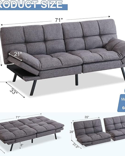 MUUEGM Futon Sofa Bed Couch Convertible Memory Foam Sleeper Love Seat,Modern Daybed for Living Room,Office,Small Space,Apartment,Adjustable Backrests Armrests,71" Sofabed, Pure Grey - LeafyLoom